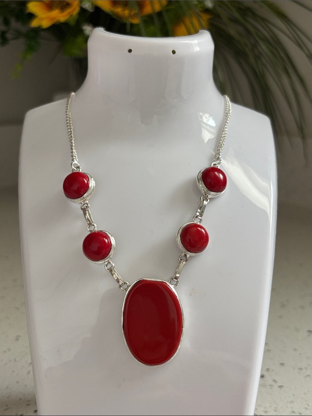 Sterling Red Coral Oval Gemstone Statement Necklace